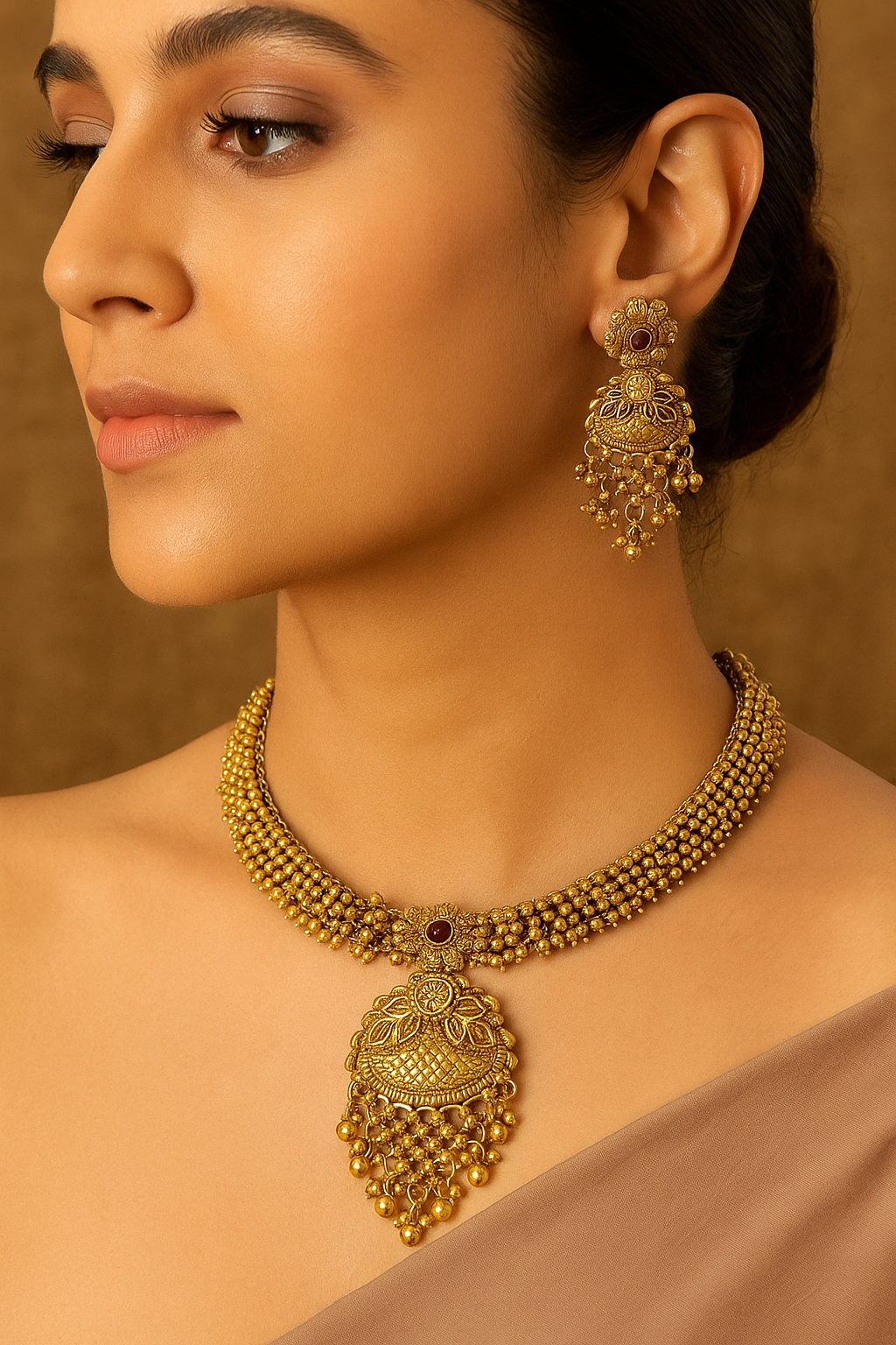 Antique Gold Guttapusalu Choker Necklace Set with Bold Pendant